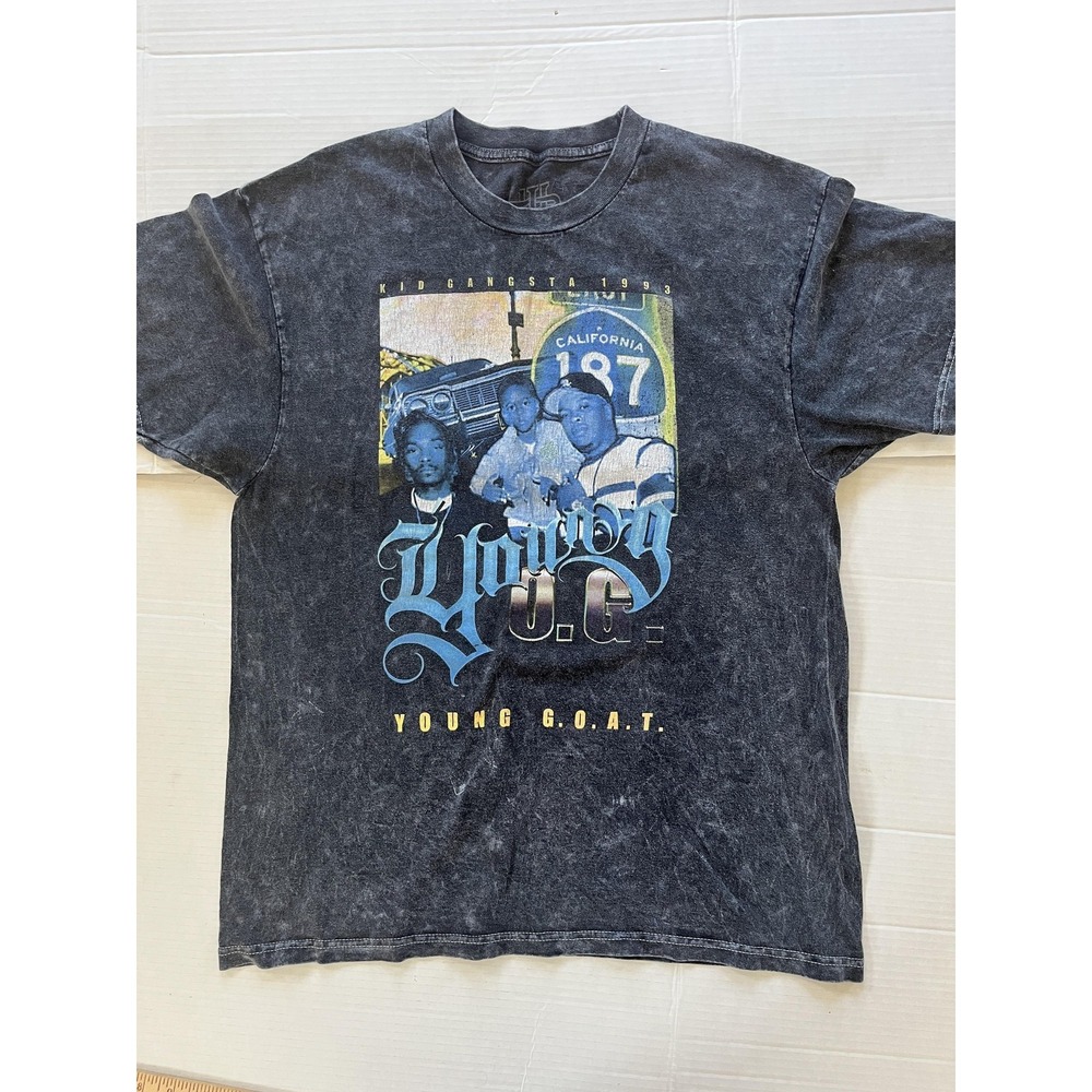 Young G.O.A.T Shirt Mens Size Large Black Blue Acid Wash Graphic Crewneck Tee